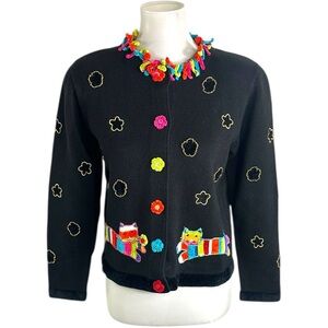 Berek 2 Cardigan Sweater Top Black Cats Flowers Size Small